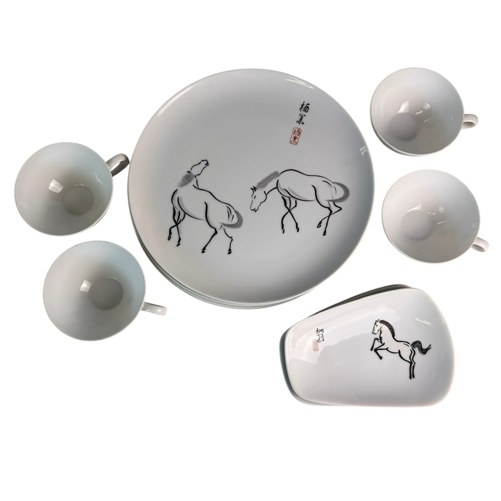 VTG Mokuchu Japanese Porcelain Horse Hand Painted Set Plates Cups 12 Piece
